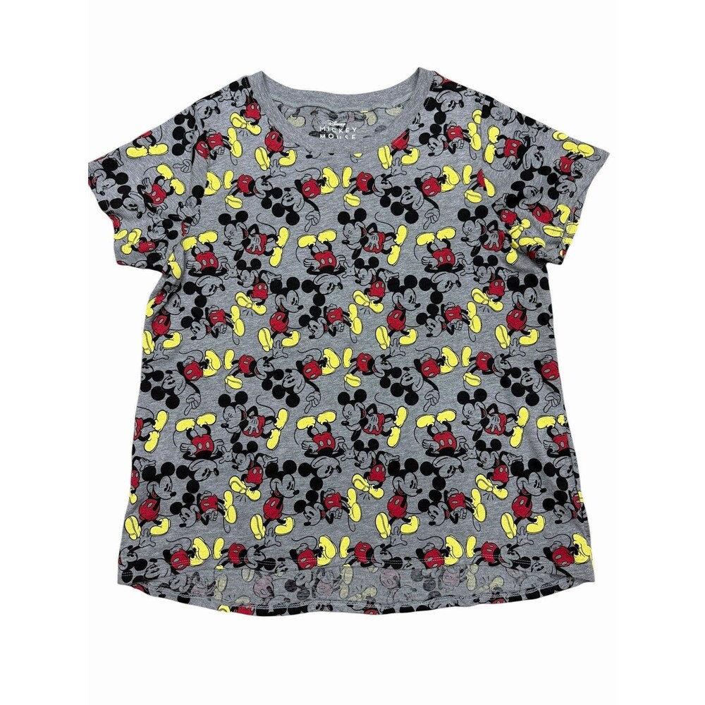 Disney Grey T-Shirt Tee Mickey Mouse All Over Print Crew Neck Womens XL